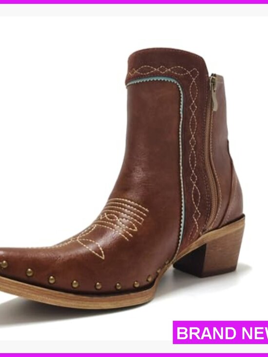 Western Fringe Ankle Boots Studded Turquoise Stones Block Heel Cowgirl Chic - Picture 4 of 7